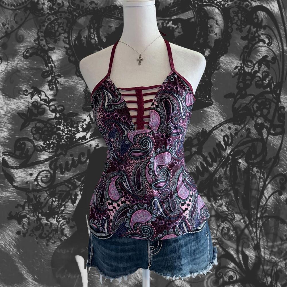 multicolor paisley mosaic deep berry burgundy halter cami boho grunge glam top
